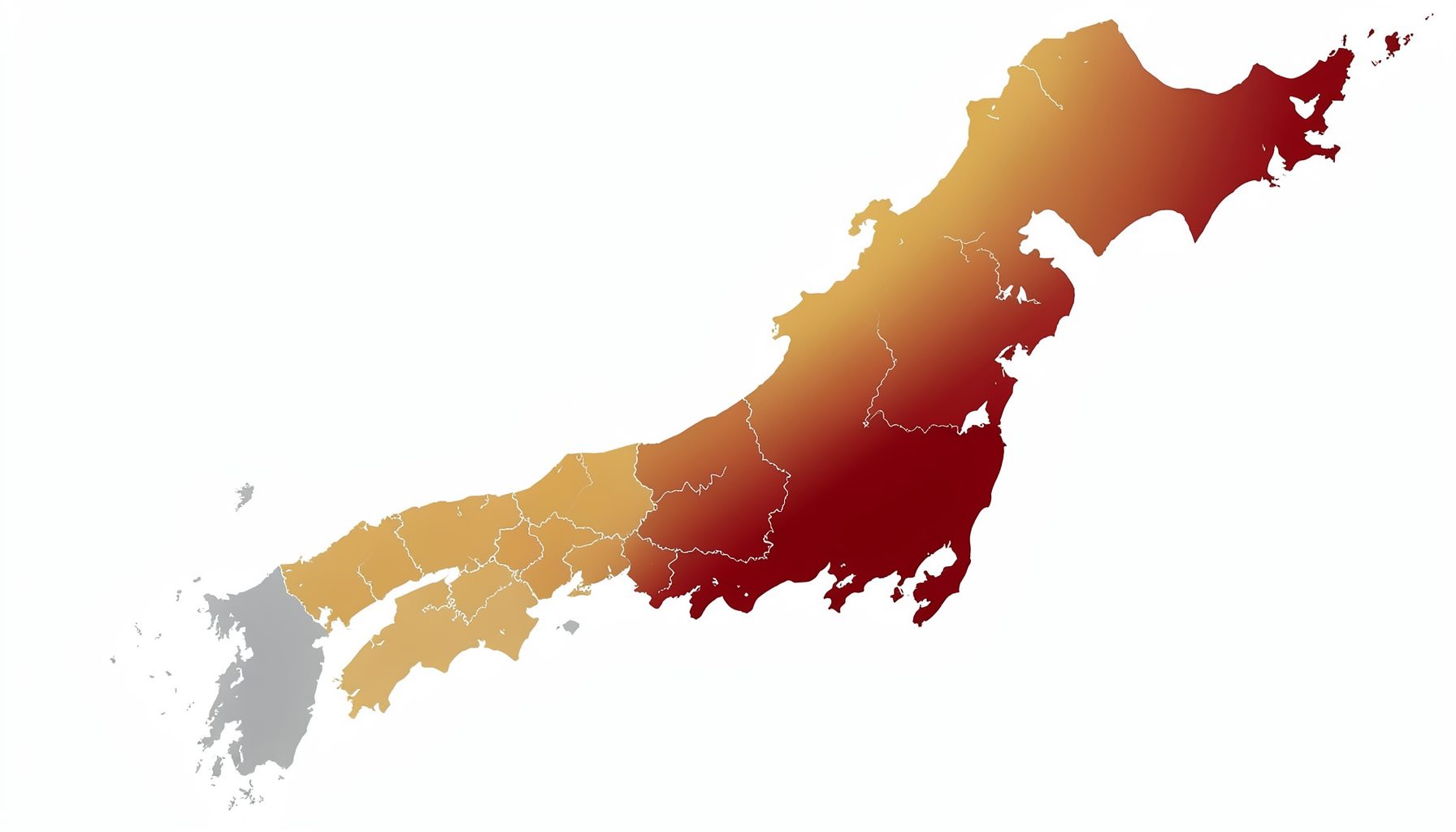Abstract map of Japan divided into prefectural regions, shaded in a gradient from pale gray through amber to deep red, indicating surveillance coverage intensity