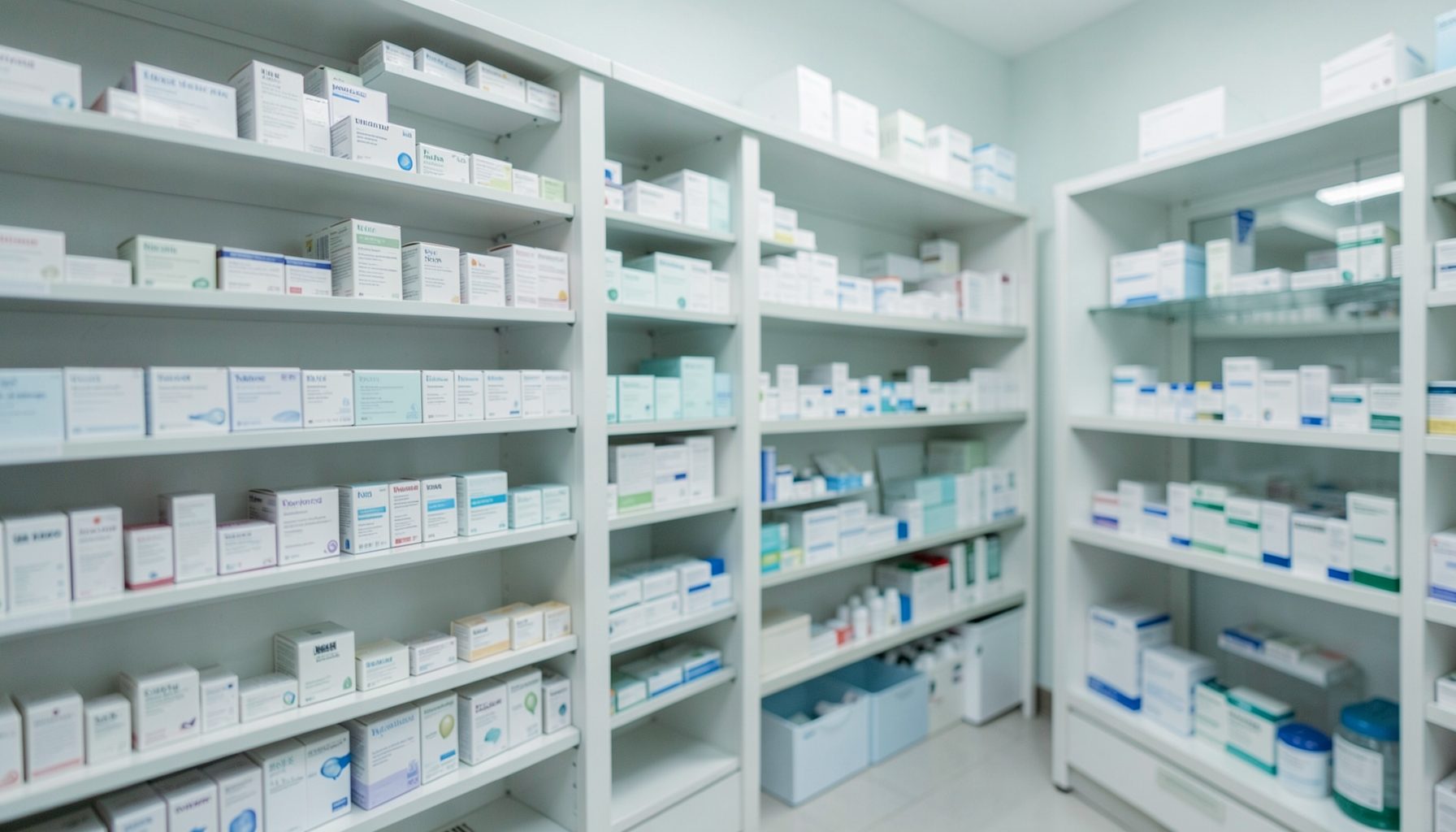 A softly lit pharmacy interior with rows of shelves holding medication boxes in muted whites and pale blues, conveying a calm clinical atmosphere