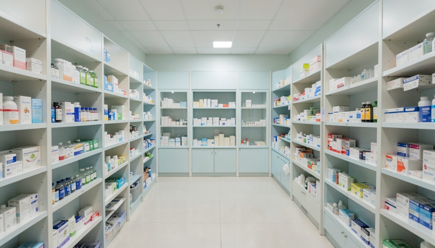 A softly lit pharmacy interior with rows of shelving in muted whites and pale blues, conveying a calm clinical atmosphere