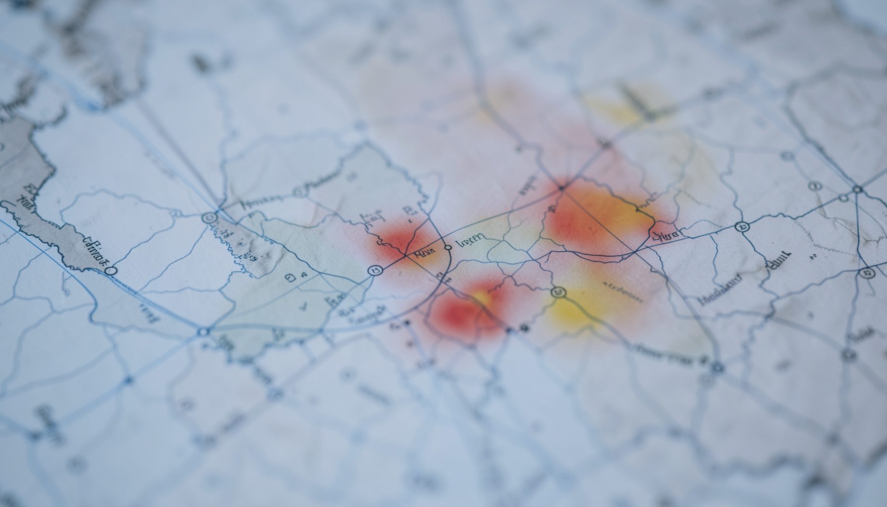Soft-focus overhead view of a map with muted blue and gray tones, overlaid with subtle red and amber heatmap patches