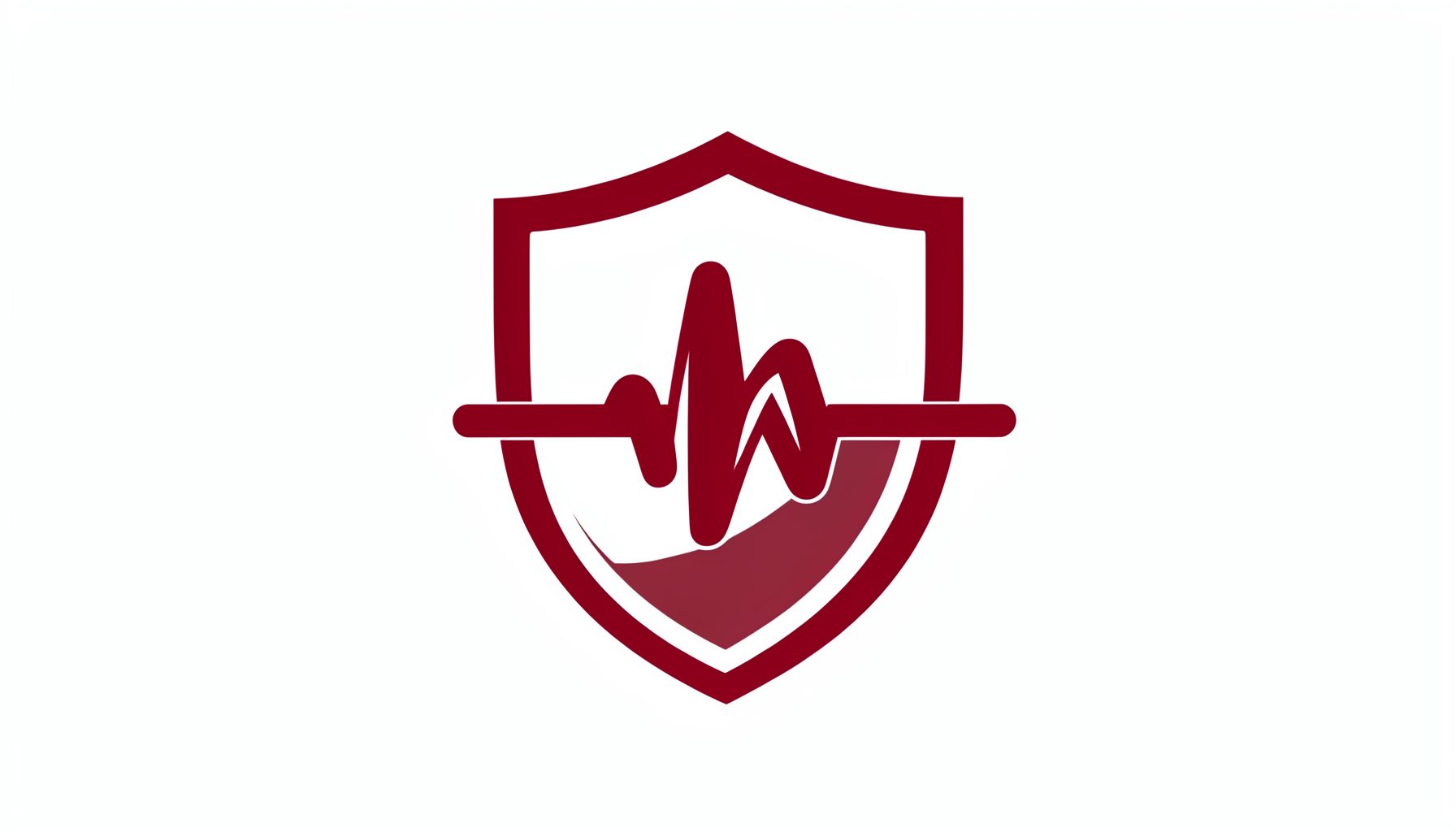 A minimalist public health emblem in deep crimson and white, featuring a stylized pulse line crossing a shield silhouette.