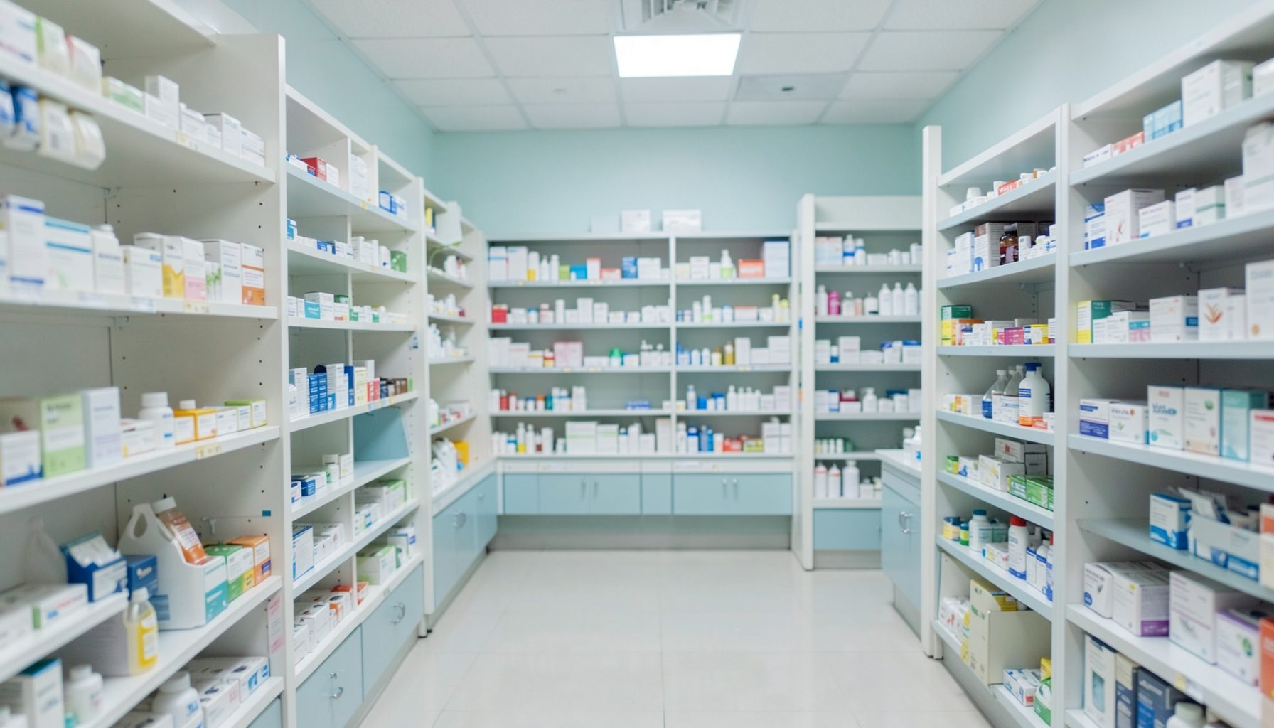 A softly lit pharmacy interior with rows of shelves in muted whites and pale blues, conveying a calm clinical atmosphere