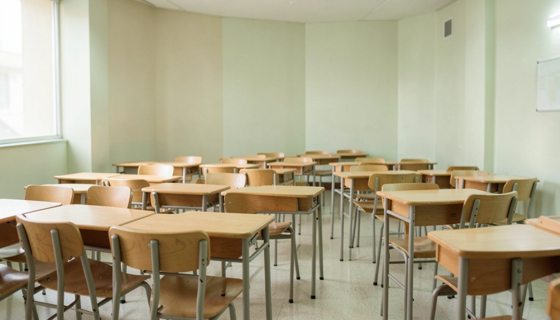 A softly lit classroom interior with rows of empty wooden desks and chairs, muted beige and pale green tones, calm and orderly.
