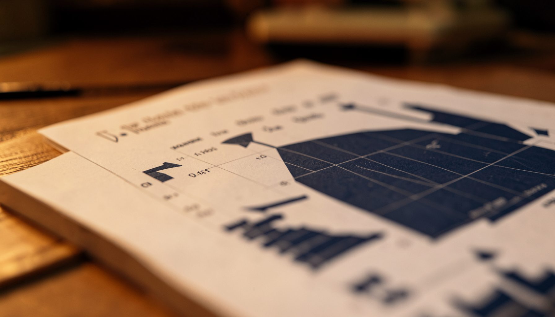 Close-up of data charts and graphs on a desk, warm amber and deep navy tones